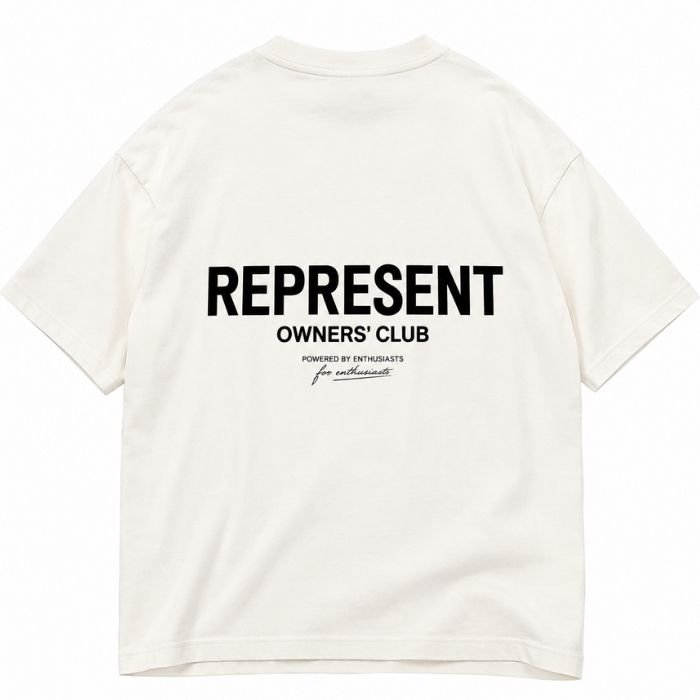 Represent White T Shirt – front view in a clean white colorway. Represent White T Shirt front view in white