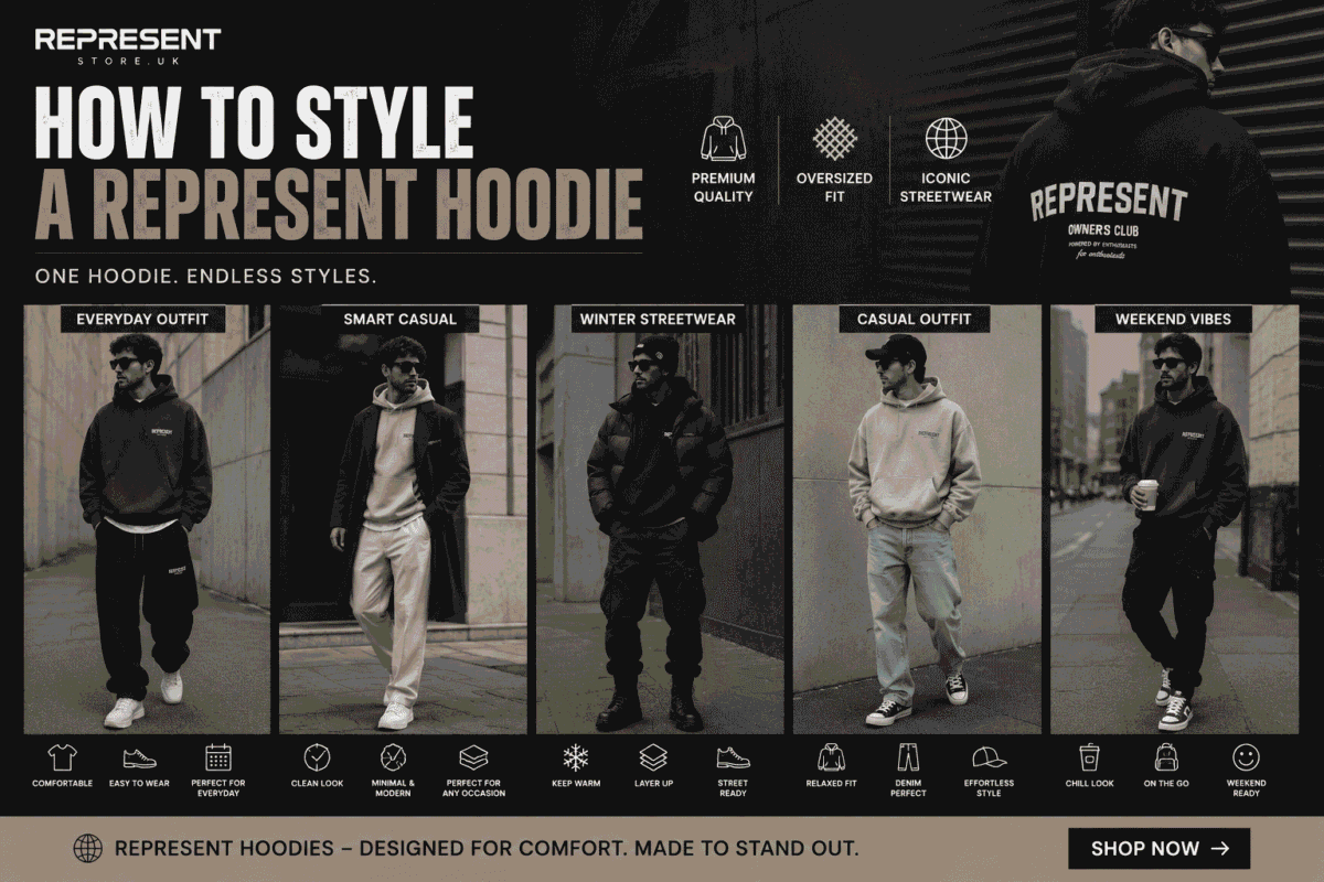 Fashion guide showing how to style a Represent hoodie with everyday, smart casual, winter streetwear, and casual outfit ideas for men.