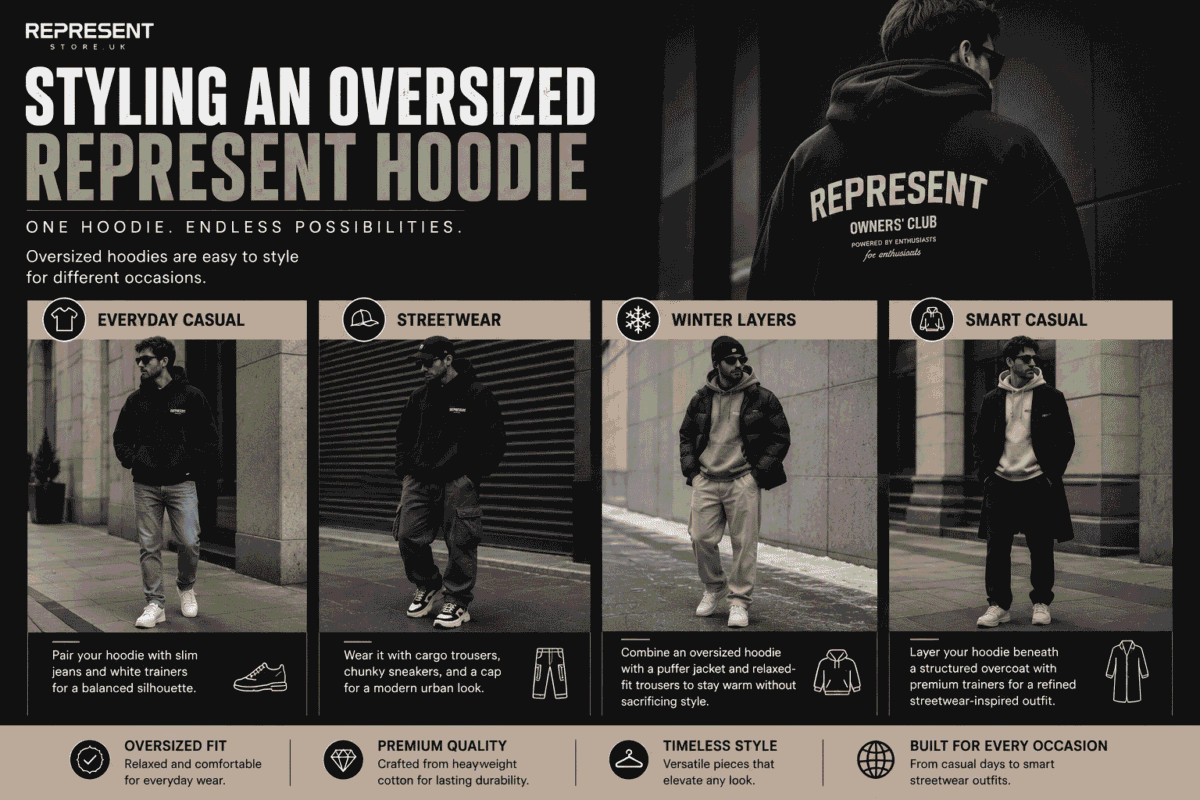 Style guide showing an oversized Represent hoodie paired with everyday casual, streetwear, winter layering, and smart casual outfits for men.