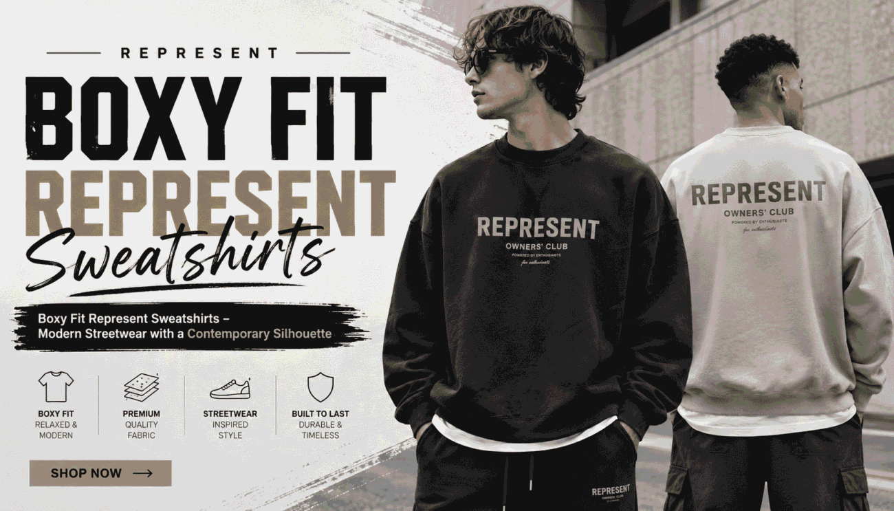 Two models wearing oversized Boxy Fit Represent sweatshirts in black and beige, showcasing a contemporary streetwear style with a relaxed silhouette against a modern urban backdrop.