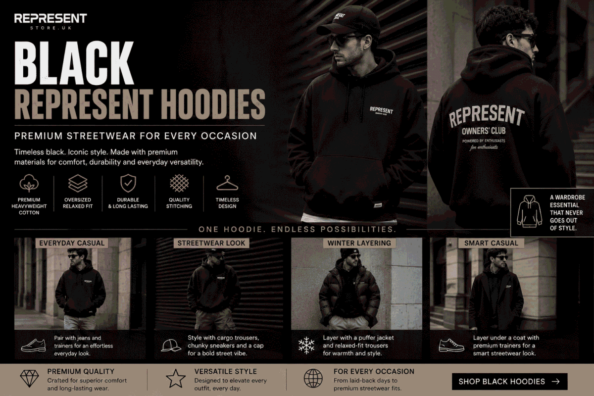 Men wearing premium black Represent hoodies styled for casual, streetwear, winter, and smart casual outfits with an oversized fit and heavyweight cotton fabric.