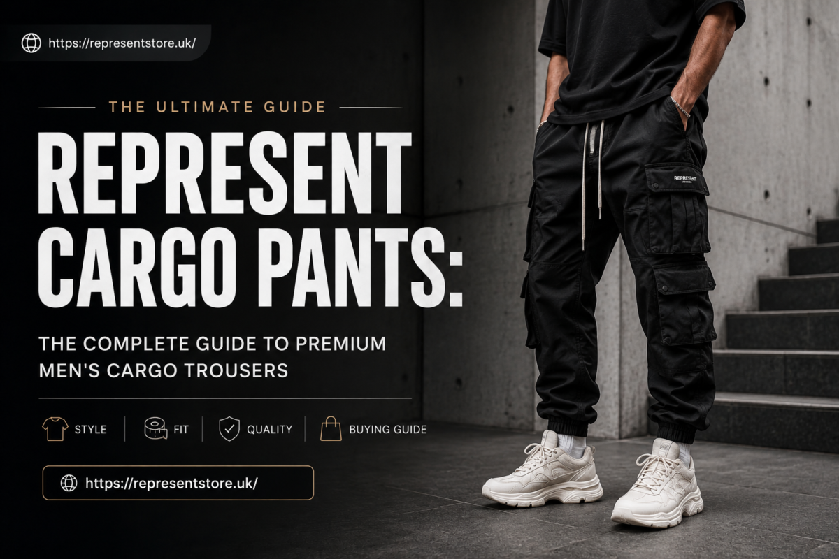 Premium black Represent cargo pants worn by a stylish male model in an urban setting, featured on the cover of a complete guide to men's cargo trousers.