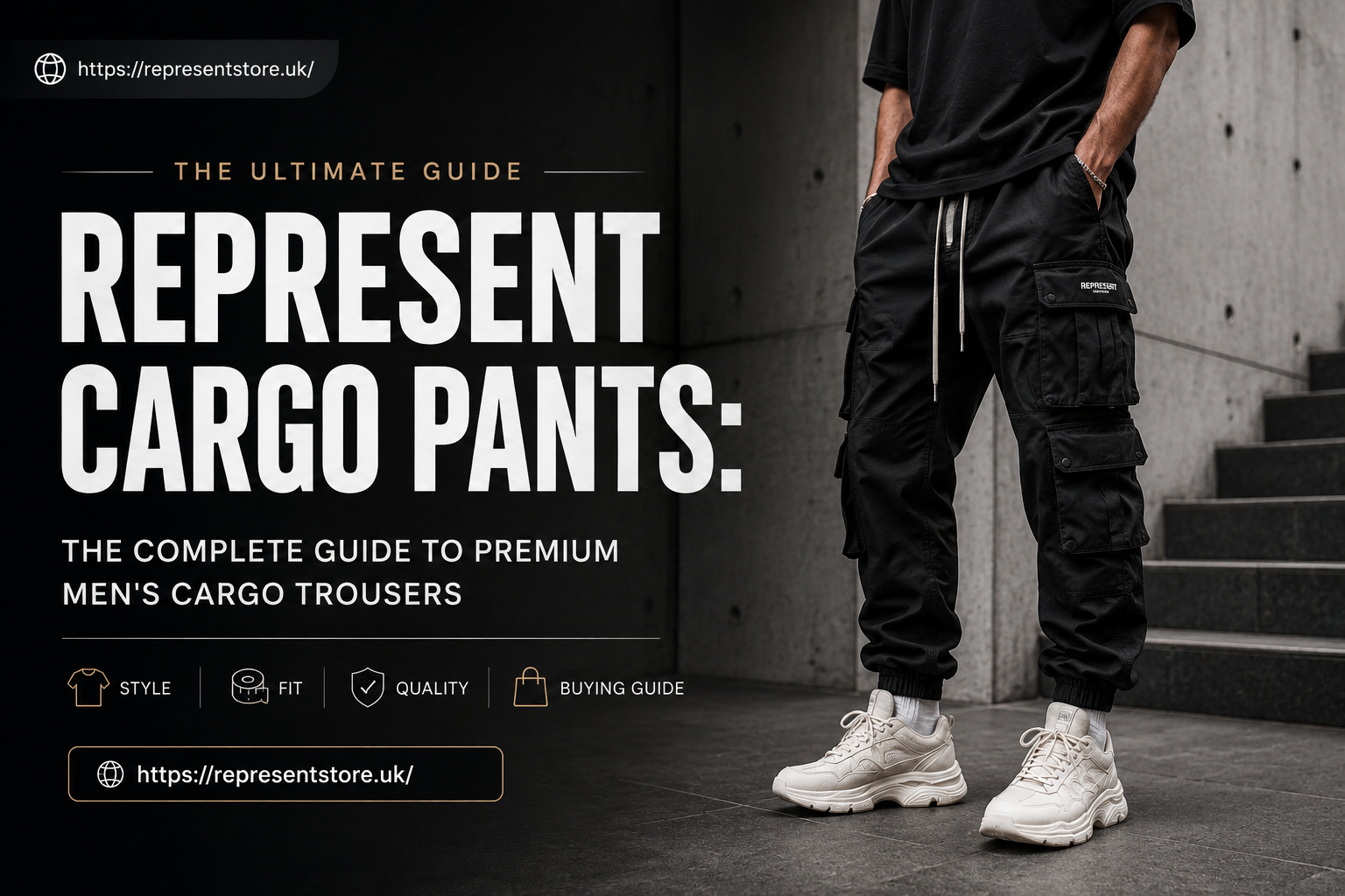 Premium black Represent cargo pants worn by a stylish male model in an urban setting, featured on the cover of a complete guide to men's cargo trousers.