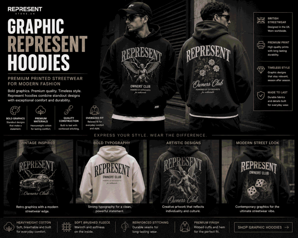 Men wearing oversized Graphic Represent hoodies with bold printed designs, premium heavyweight cotton, and modern British streetwear style.