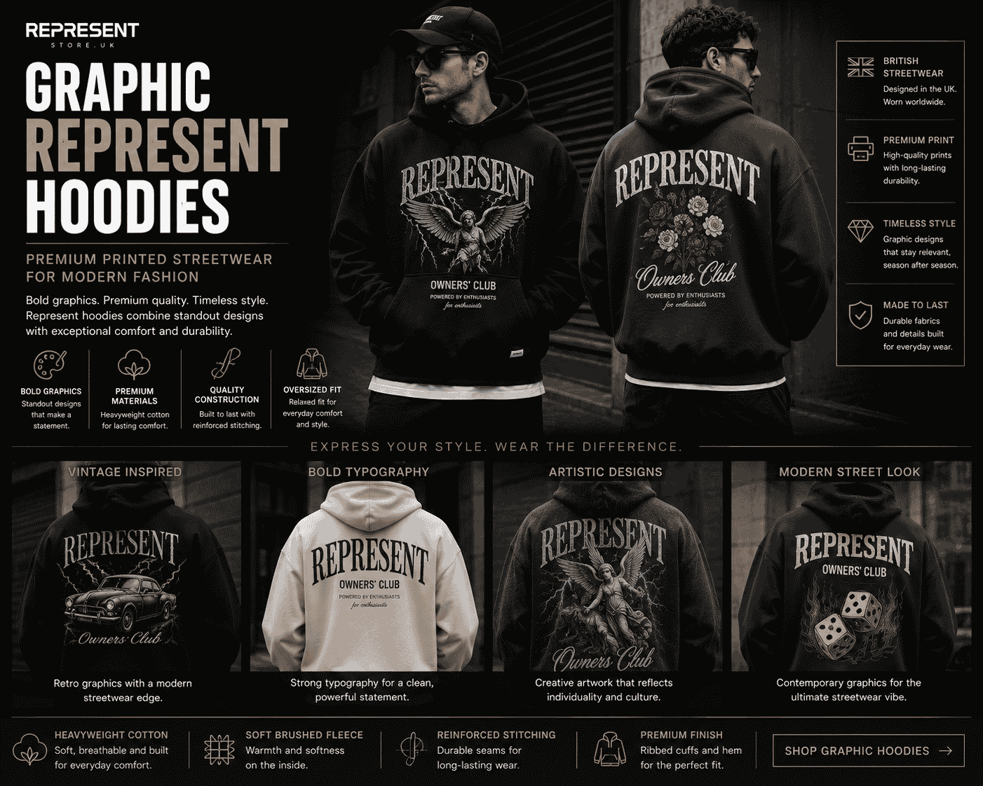 Men wearing oversized Graphic Represent hoodies with bold printed designs, premium heavyweight cotton, and modern British streetwear style.