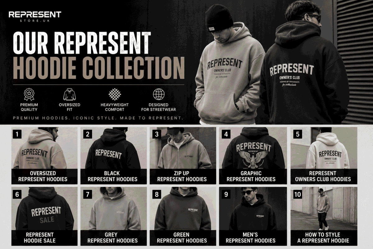 Represent hoodie collection featuring oversized hoodies, zip-up hoodies, graphic hoodies, Owners Club hoodies, black, grey, and green hoodies for men in premium streetwear styles.