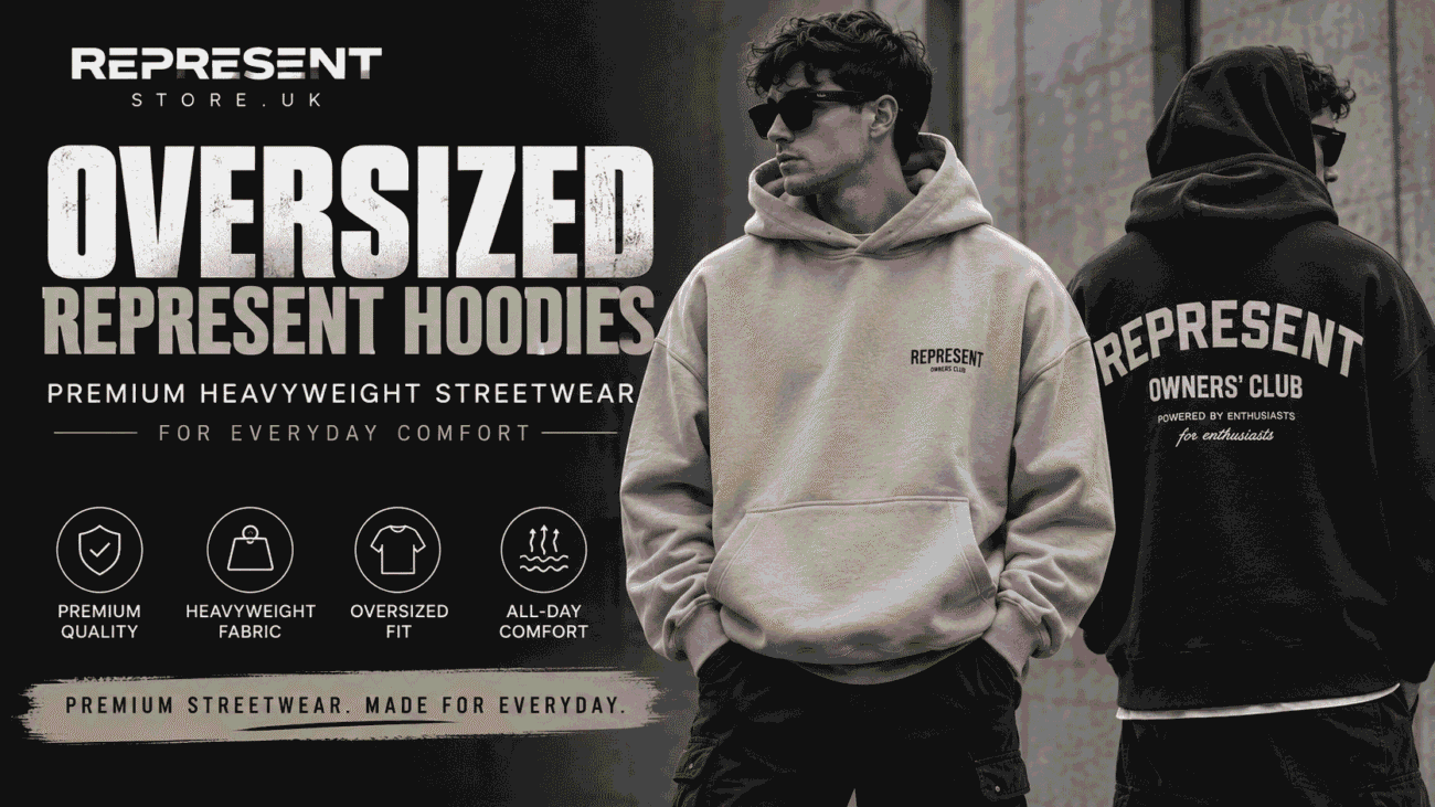 Men wearing oversized Represent hoodies made from premium heavyweight cotton, showcasing modern streetwear fashion with relaxed oversized fits for everyday comfort.