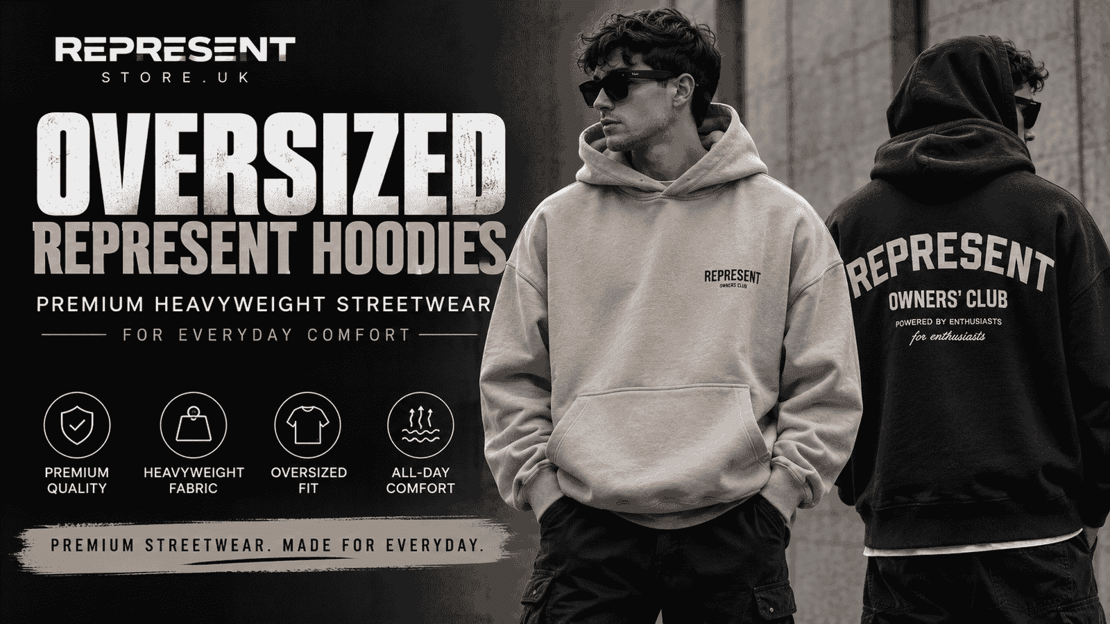 Men wearing oversized Represent hoodies made from premium heavyweight cotton, showcasing modern streetwear fashion with relaxed oversized fits for everyday comfort.