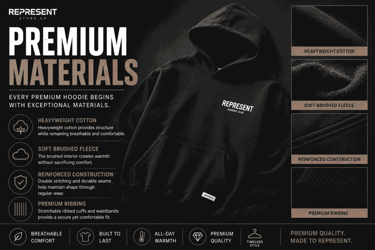 Premium black Represent hoodie highlighting heavyweight cotton, soft brushed fleece lining, reinforced stitching, and premium ribbed cuffs for lasting comfort and durability.