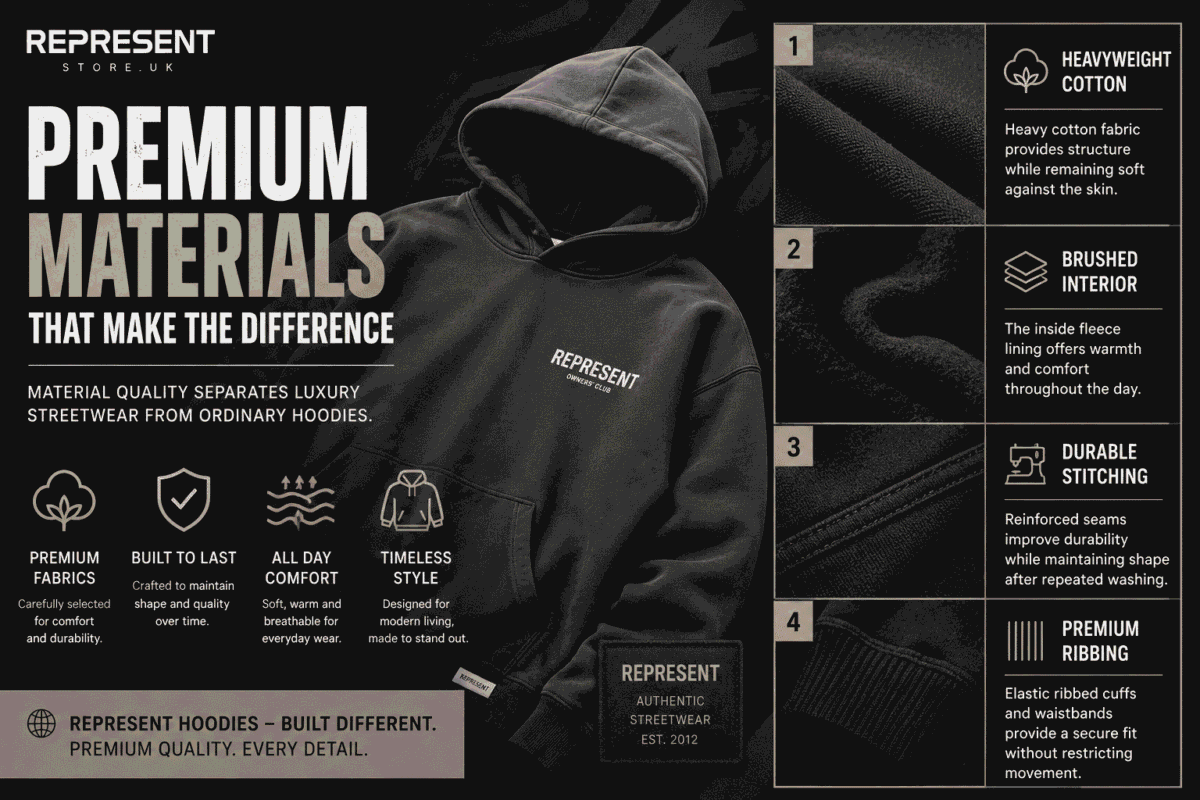 Premium Represent hoodie showcasing heavyweight cotton, brushed fleece interior, reinforced stitching, and premium ribbed cuffs for superior comfort and durability.