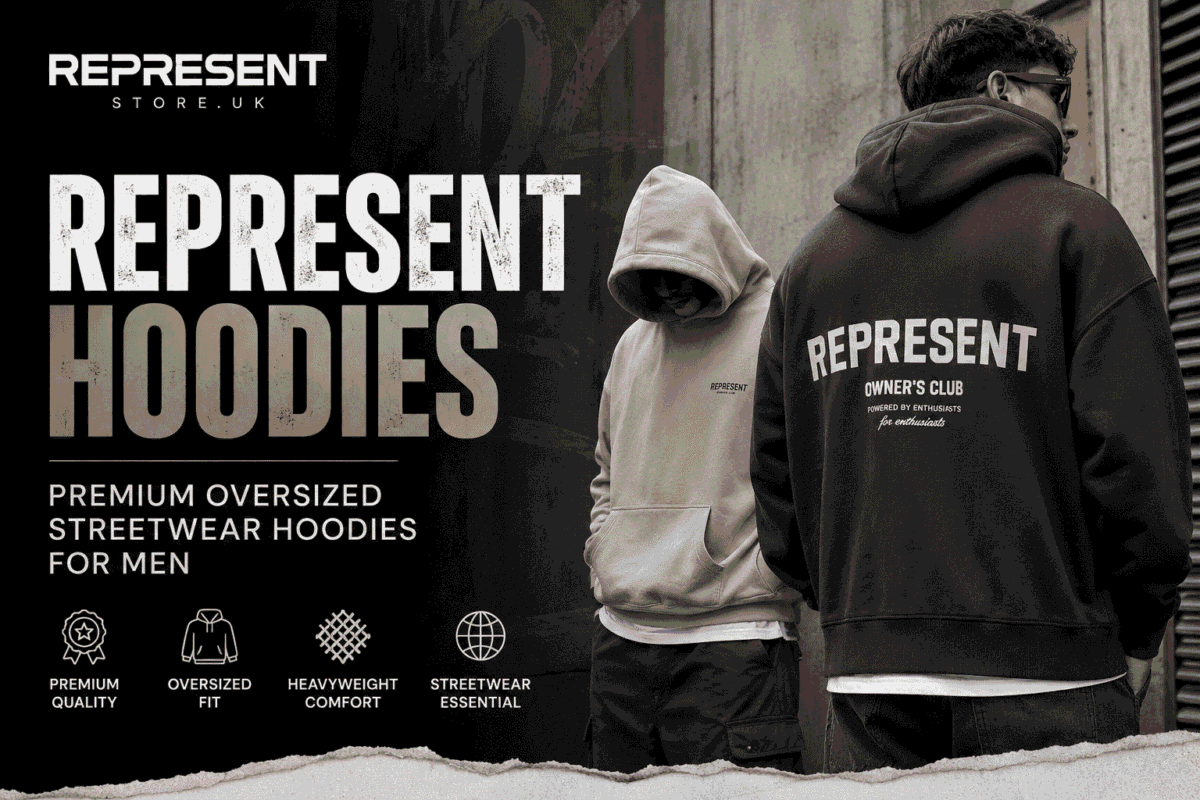 Two men wearing premium oversized Represent hoodies in a modern streetwear style, showcasing heavyweight hoodies for men with a minimalist urban aesthetic.