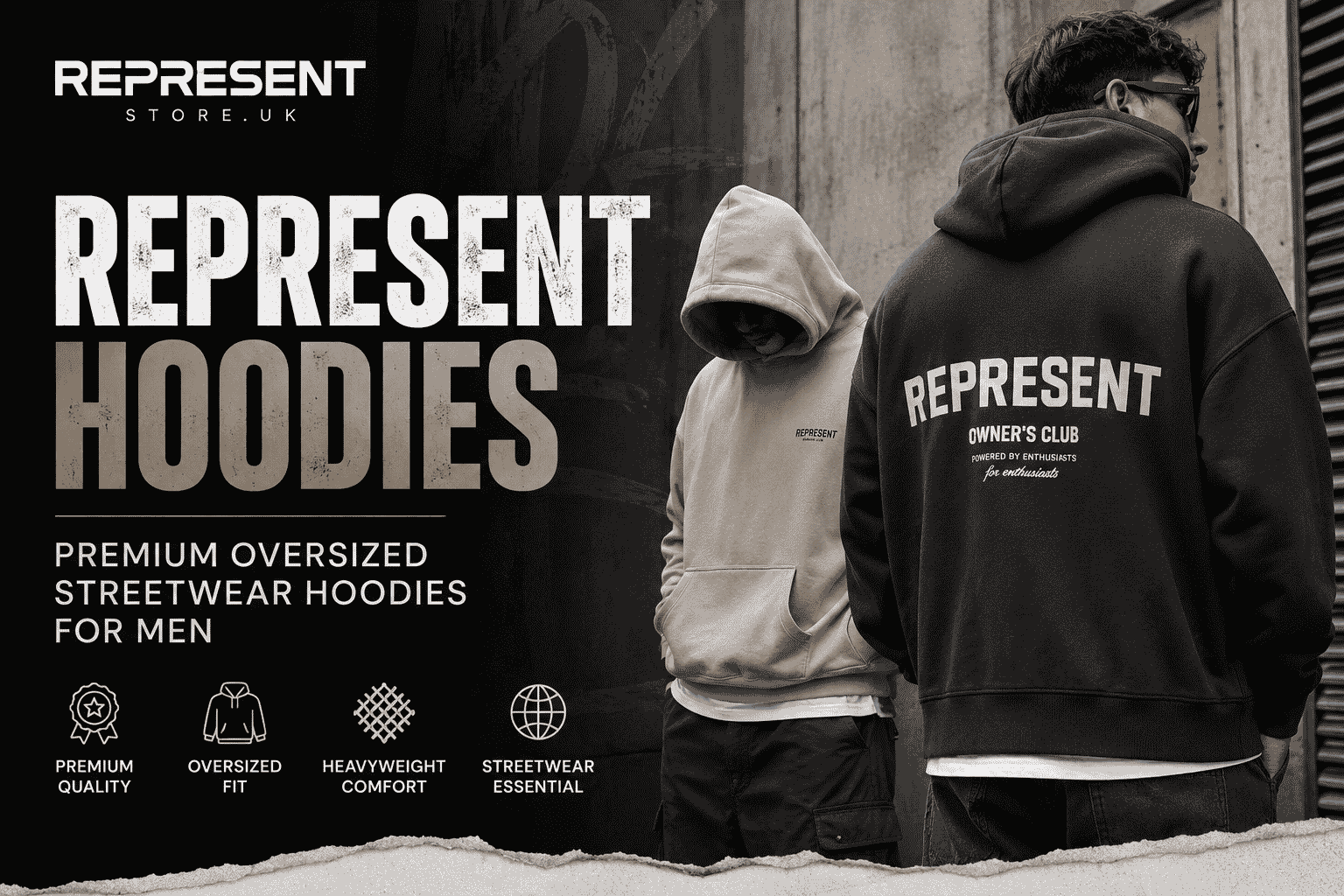 Two men wearing premium oversized Represent hoodies in a modern streetwear style, showcasing heavyweight hoodies for men with a minimalist urban aesthetic.
