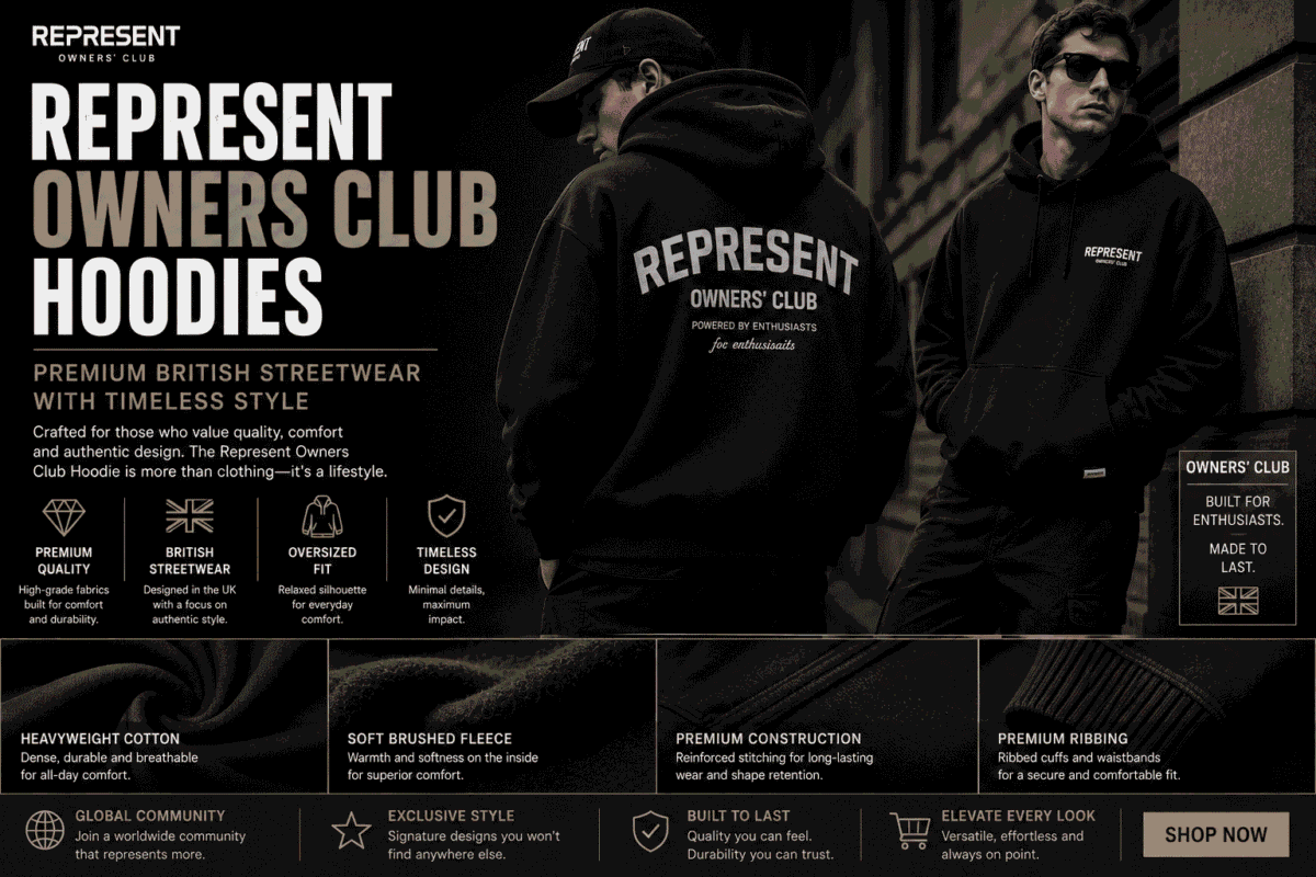 Men wearing premium Represent Owners Club hoodies in black oversized streetwear style, featuring heavyweight cotton, minimalist branding, and timeless British fashion.