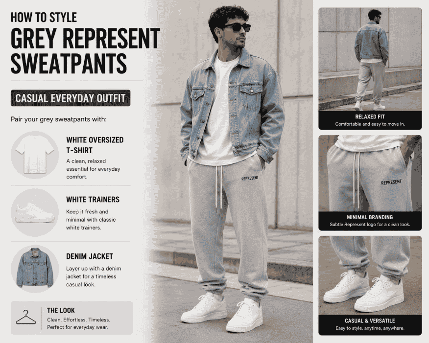 Fashion infographic showing how to style grey Represent sweatpantsFashion infographic showing how to style grey Represent sweatpants