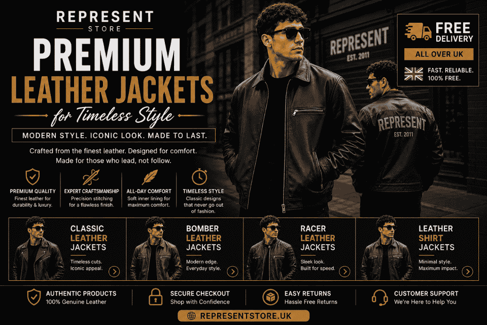 Premium leather jackets for timeless style featuring modern men's designer leather jackets with free delivery across the UK.