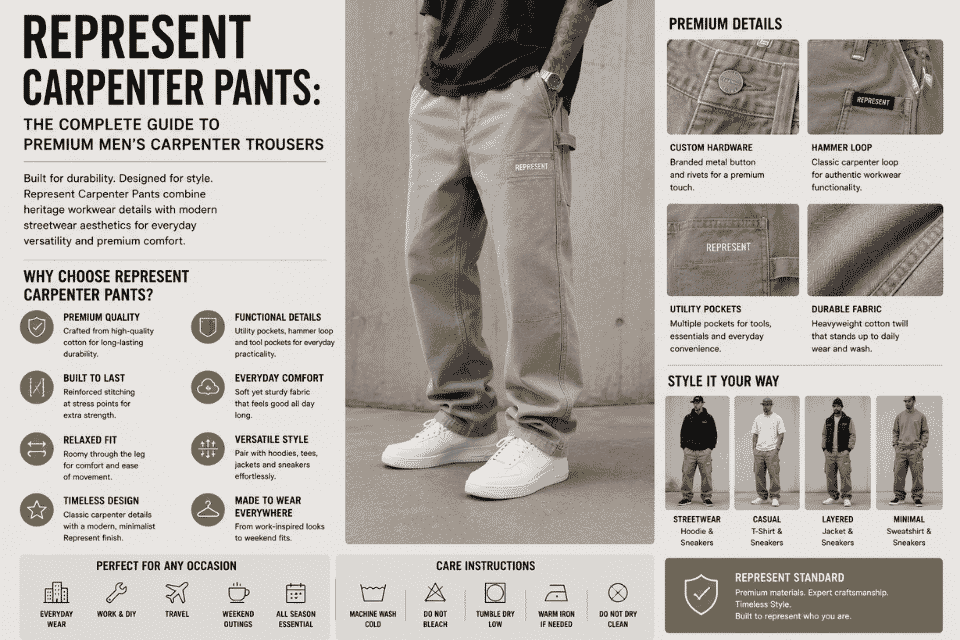 Editorial infographic featuring Represent carpenter pants on a male model, highlighting premium cotton