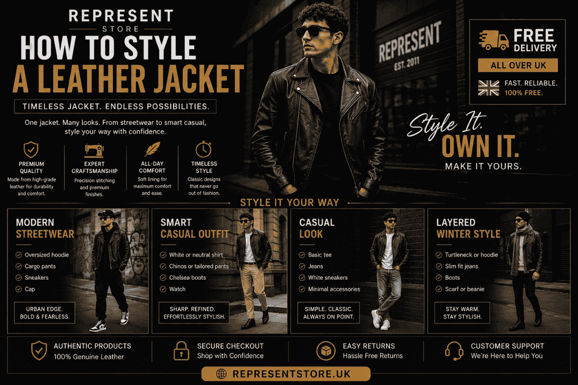 Leather jacket styling guide featuring modern streetwear, smart casual, casual, and layered winter outfit ideas with premium men's leather jackets.