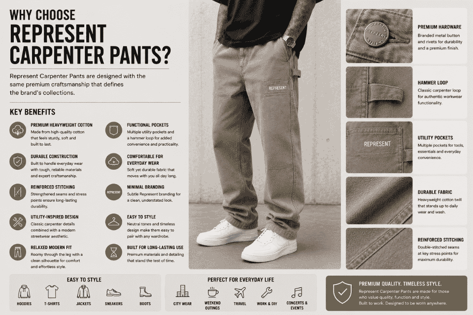 Infographic highlighting the benefits of Represent carpenter pants, featuring a model wearing
