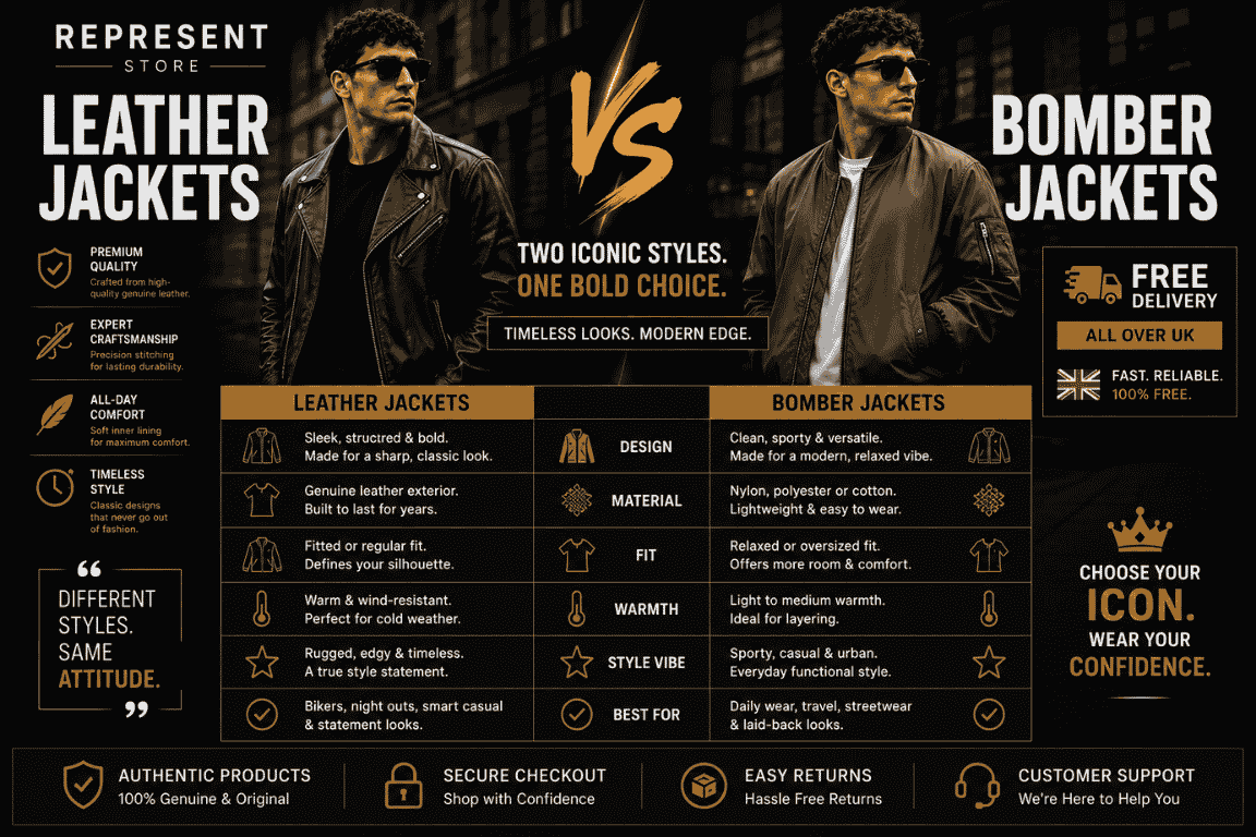 Comparison of leather jackets and bomber jackets highlighting design, material, fit, warmth, style, and best uses with free UK delivery.