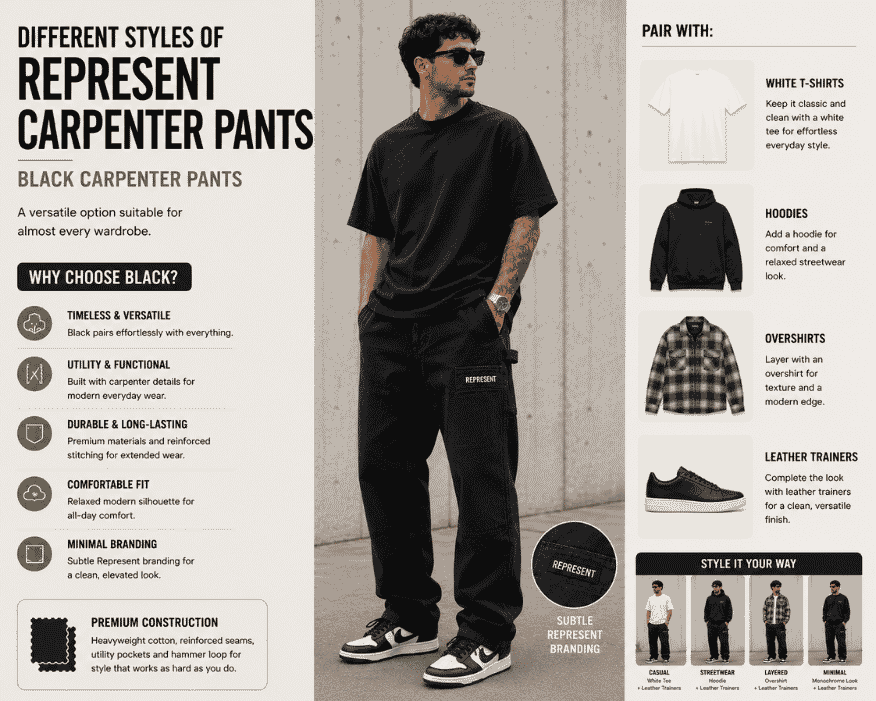 Fashion infographic featuring black Represent carpenter pants with styling recommendations,