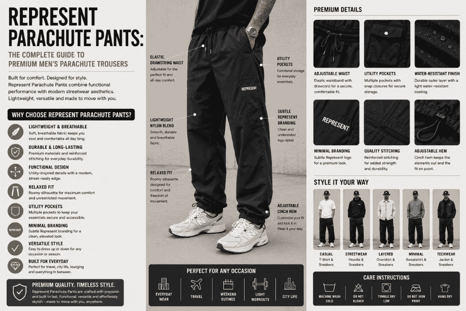 Editorial infographic featuring Represent parachute pants on a male model, highlighting lightweight fabric,
