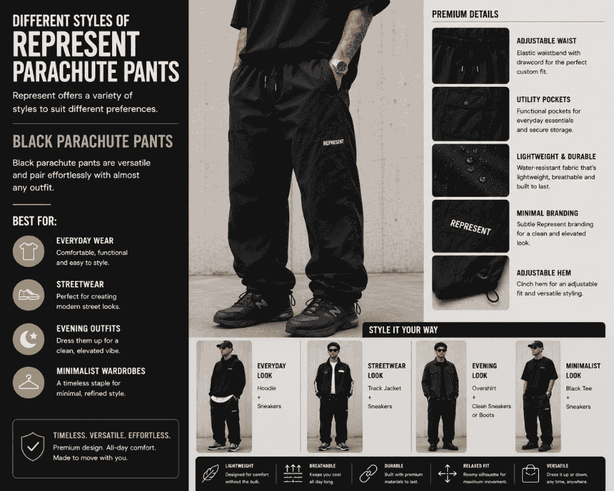Fashion infographic showcasing black Represent parachute pants with styling recommendations,