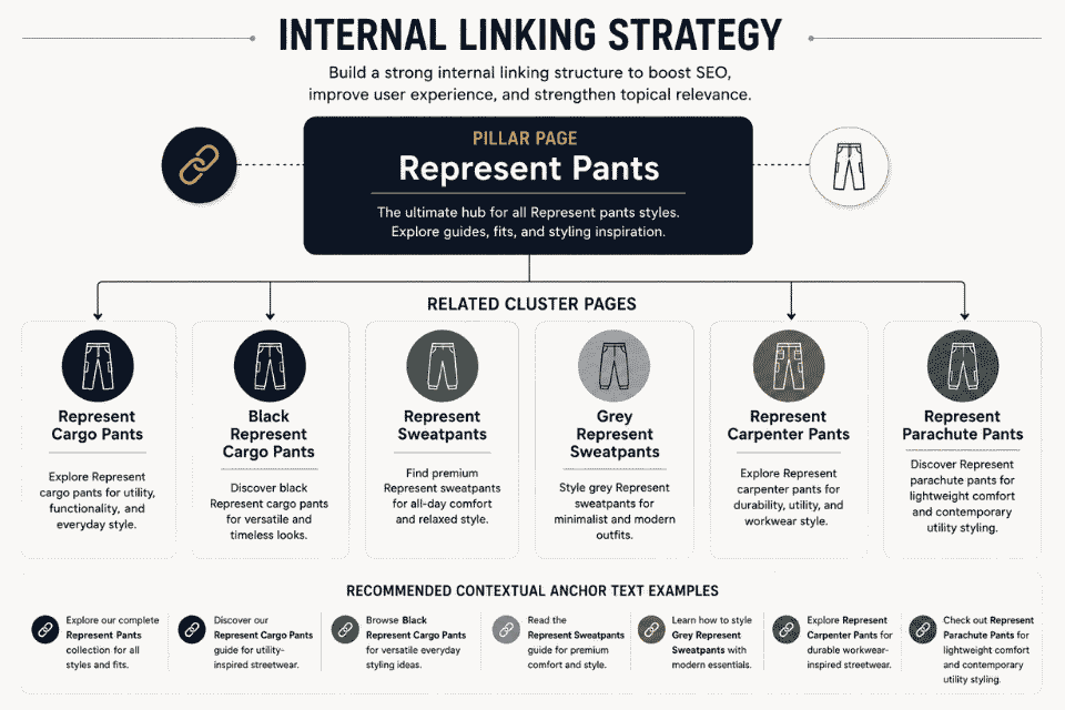 SEO infographic illustrating an internal linking strategy with a Represent Pants pillar page connected to related cluster pages