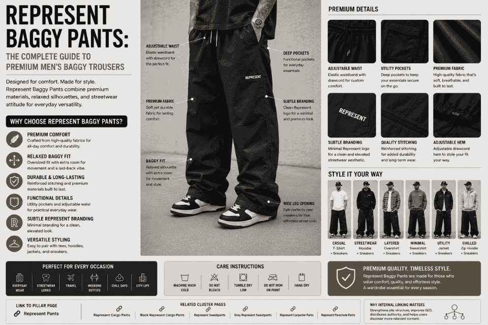 Editorial infographic featuring Represent baggy pants on a male model, highlighting premium fabric