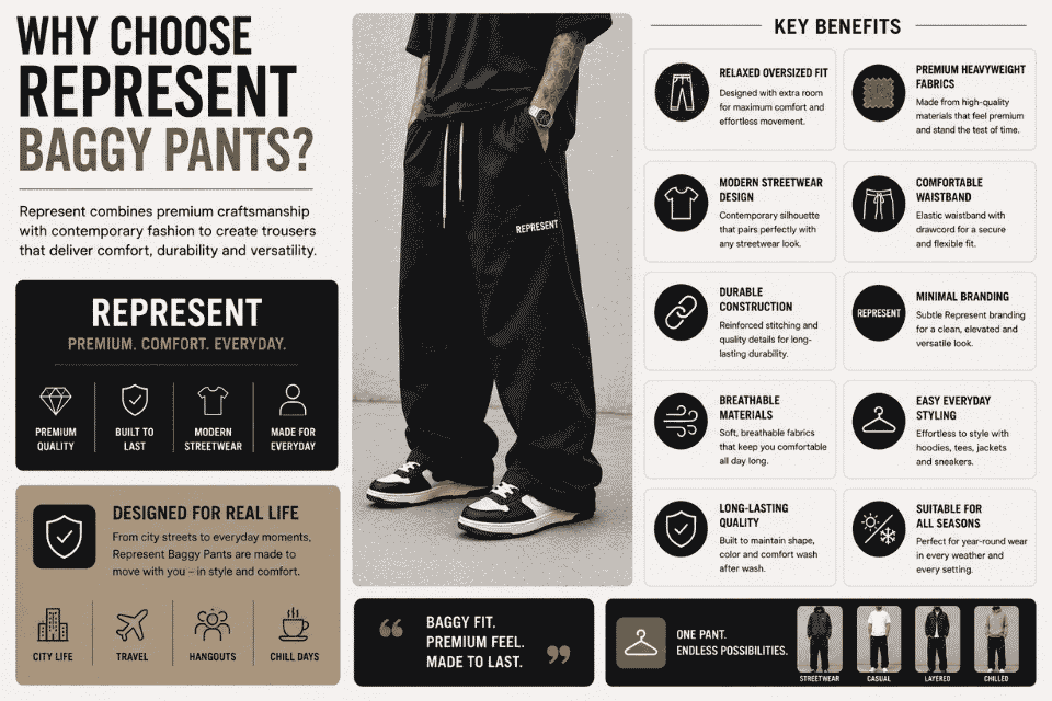 Infographic highlighting the benefits of Represent baggy pants, featuring a model wearing oversized streetwear
