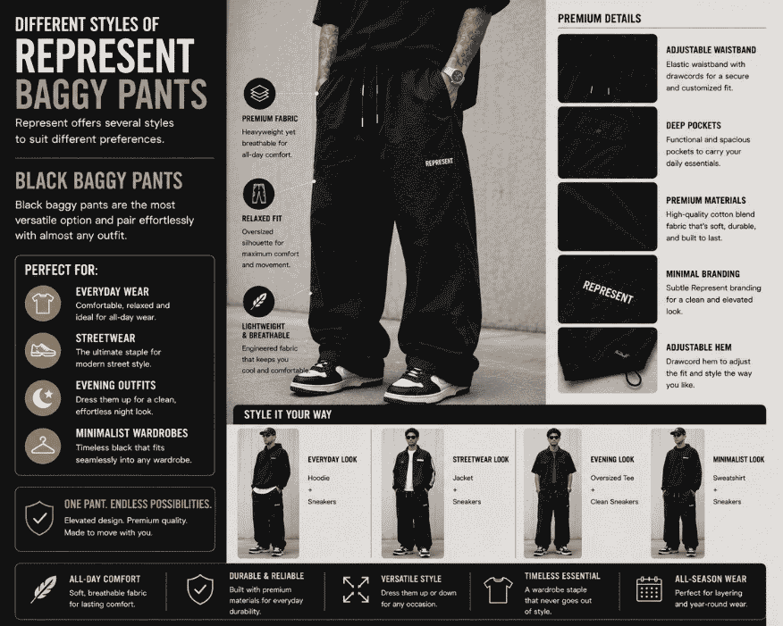 Fashion infographic showcasing black Represent baggy pants with premium features, oversized fit,