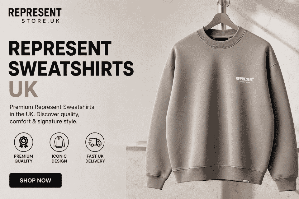 Represent Sweatshirts UK premium designer sweatshirt in grey with modern minimalist fashion banner.