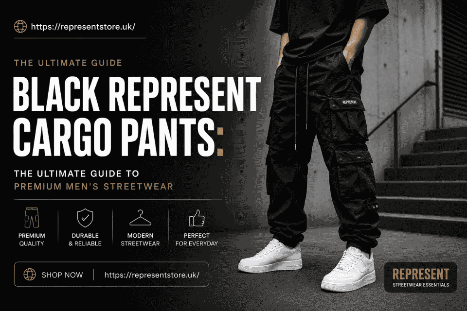 Stylish male model wearing black Represent cargo pants in an urban setting,