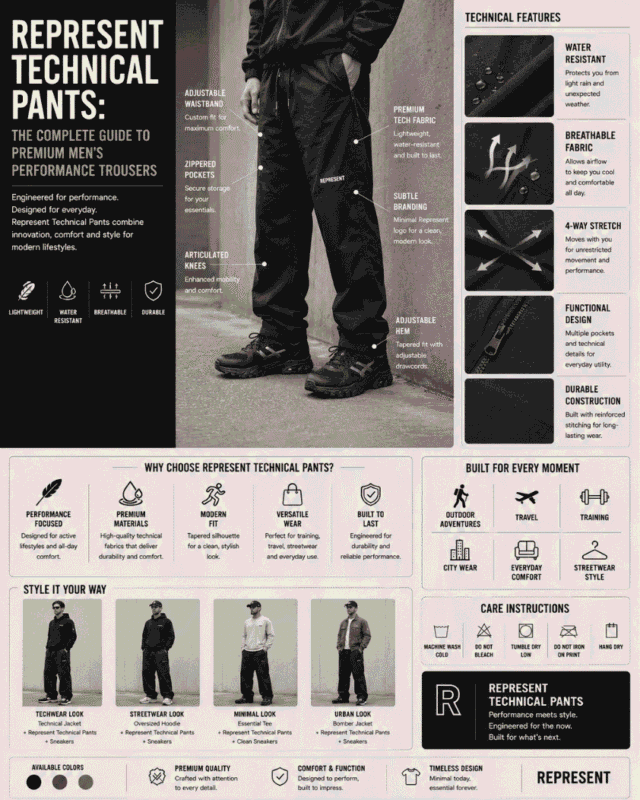 Editorial infographic featuring Represent technical pants on a male model, highlighting water-resistant fabric,