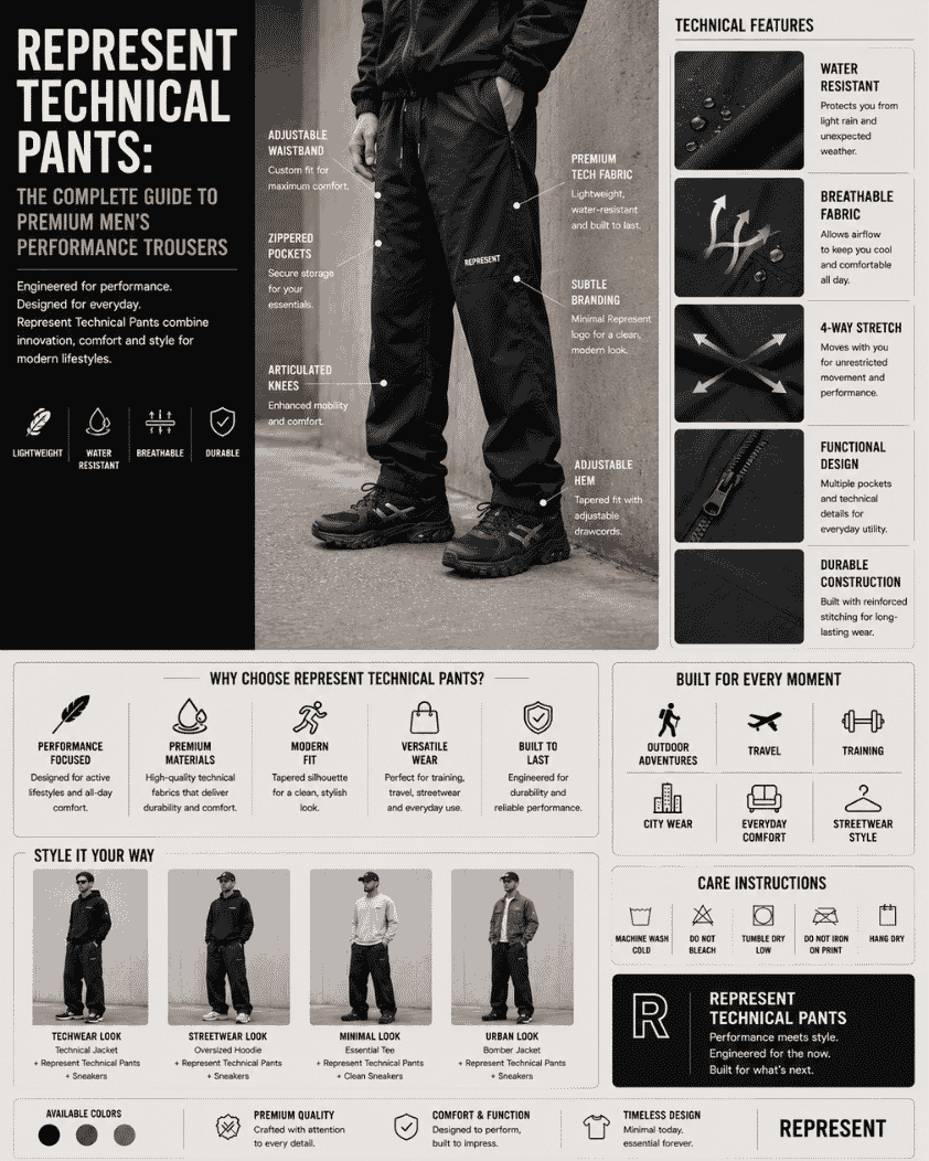 Editorial infographic featuring Represent technical pants on a male model, highlighting water-resistant fabric,