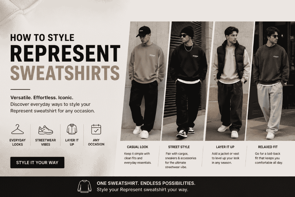 How to style Represent sweatshirts with casual, streetwear, layered, and relaxed outfit ideas for men in the UK.