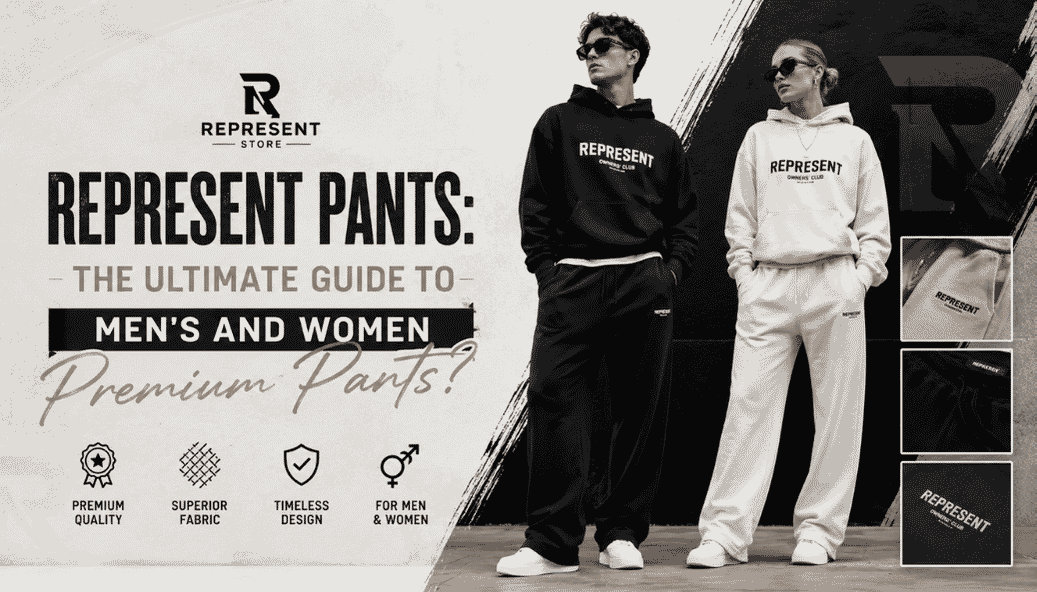 Premium Represent pants collection featuring men's and women's luxury streetwear joggers in black and white, showcasing modern comfort
