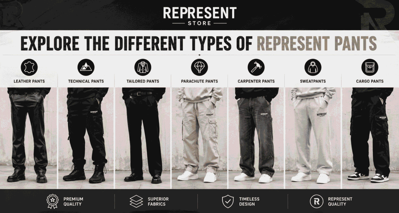 Banner showcasing different types of Represent pants, including leather pants, technical pants, tailored pants, parachute pants, carpenter pants, sweatpants