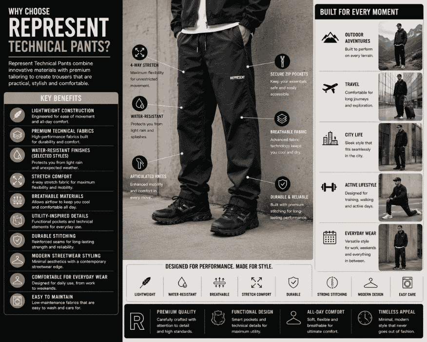 Infographic highlighting the benefits of Represent technical pants, featuring a model wearing premium