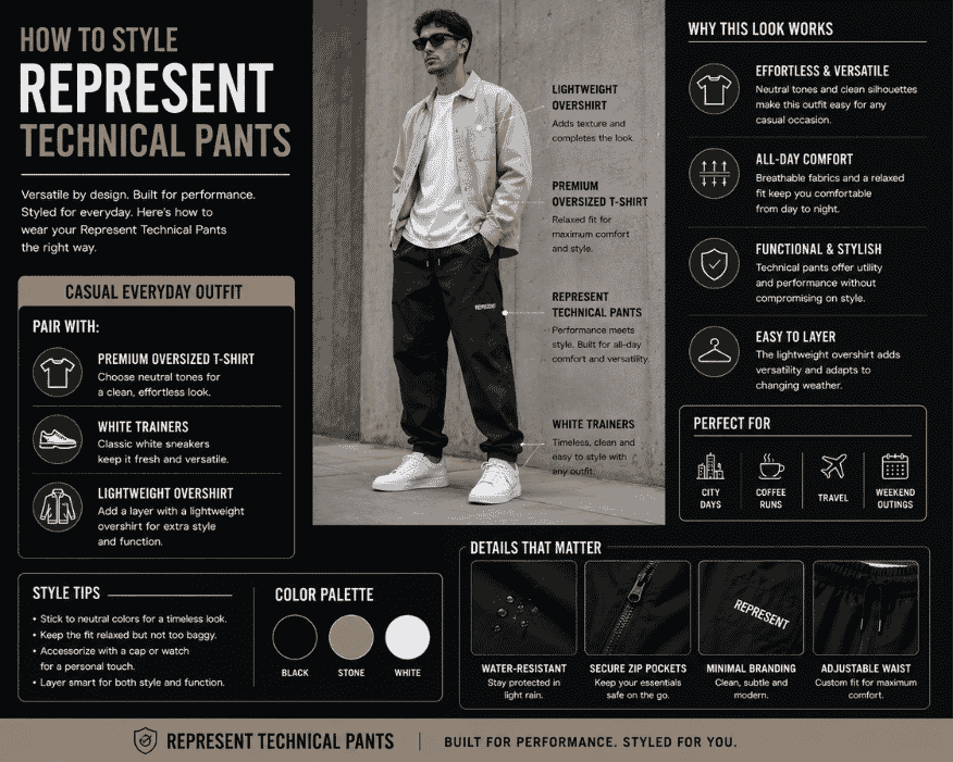 Fashion infographic showing how to style Represent technical pants with a premium oversized