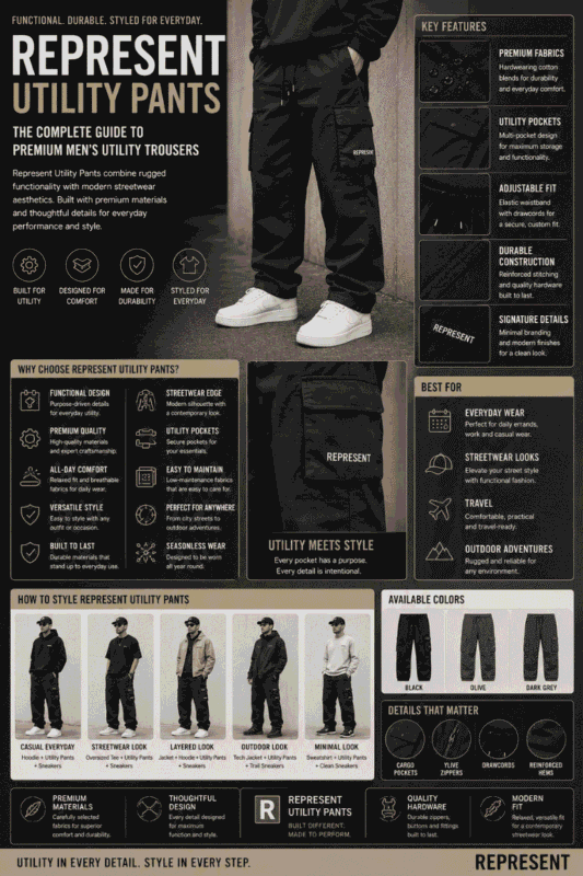 Editorial infographic featuring Represent utility pants on a male model, highlighting premium fabric