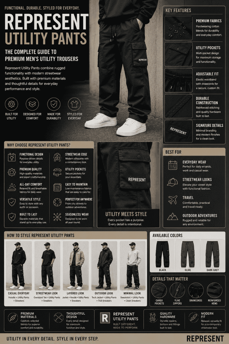 Editorial infographic featuring Represent utility pants on a male model, highlighting premium fabric