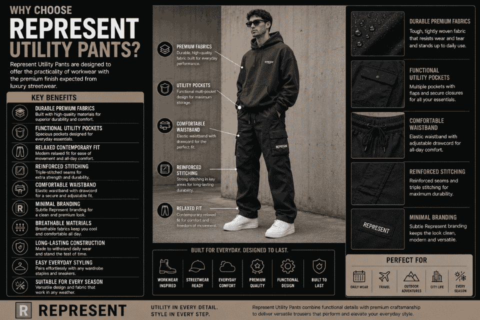 Infographic highlighting the benefits of Represent utility pants, featuring a model wearing premium utility