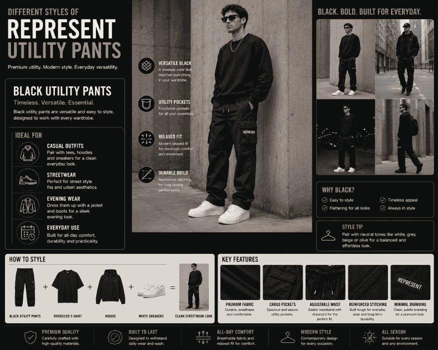 Fashion infographic showcasing black Represent utility pants with premium utility pockets, relaxed fi