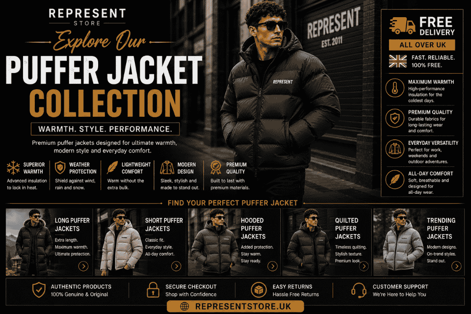 Explore our premium men's puffer jacket collection featuring long, short, hooded, quilted, and trending puffer jackets with free UK delivery.
