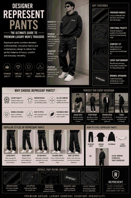 Edit Your infographic-style hero image has been created with a premium streetwear editorial look, featuring bold typography, product highlights, and a modern focus on Represent sweatpants. Would you like the background to be pure white instead of the current light gray for a cleaner blog header? Edit Your infographic has been updated with a polished editorial layout, bold typography, premium feature callouts, and a clean luxury streetwear aesthetic centered on Represent sweatpants. Would you like the model to wear a white hoodie instead of the black T-shirt? Edit Your infographic is ready with a clean editorial layout, highlighting the key benefits of Represent sweatpants alongside premium product imagery and a modern streetwear presentation. Would you like the sweatpants shown in black or heather gray throughout the design? Edit Your relaxed-fit infographic has been created with a clean editorial layout that emphasizes comfort, everyday versatility, and premium design details. Would you like the sneakers to be all white instead of off-white for a sharper look? Edit Your infographic has been created with a clean editorial layout that highlights the premium look, comfort, styling, and key features of grey Represent sweatpants. Would you like the sweatpants to appear in a darker charcoal grey instead of the current light grey? Edit Your infographic is ready with a clean editorial layout that highlights the benefits, premium details, and versatile styling of grey Represent sweatpants. Would you like the logo on the sweatpants to be smaller for an even more minimalist look? Edit Your styling infographic has been created with a clean editorial layout that showcases a casual everyday outfit built around grey Represent sweatpants. Would you like the denim jacket to be a lighter wash or a darker wash? Edit Your editorial infographic has been created with a premium streetwear look, highlighting the utility features, craftsmanship, and styling versatility of Represent carpenter pants. Would you like the carpenter pants shown in black instead of the current neutral khaki tone? Edit Your infographic is ready with a clean editorial design that emphasizes the premium craftsmanship, utility features, and everyday versatility of Represent carpenter pants. Would you like the carpenter pants to have a slightly more washed vintage finish? Edit Your style guide infographic has been created with a clean editorial layout that showcases black Represent carpenter pants and easy outfit pairings for everyday streetwear. Would you like the leather trainers to be all black instead of black and white? Edit Your infographic has been created with a premium editorial layout that highlights the lightweight design, utility features, and modern streetwear styling of Represent parachute pants. Would you like the parachute pants to have a matte fabric finish instead of the current slightly technical look? Edit Your premium editorial infographic has been created with a clean, modern layout that showcases the key features, styling options, and craftsmanship of Represent parachute pants. Would you like the model wearing a white T-shirt instead of the black one? Edit Edit Your infographic has been created with a clean, structured layout that clearly shows the pillar page, related cluster pages, and recommended internal linking flow for SEO. Would you like the connector lines between the pillar page and cluster pages to be thicker for stronger visual emphasis? Edit Edit Edit Edit Edit Edit Edit Edit Edit Alt Text: Fashion infographic showcasing black Represent utility pants with premium utility pockets, relaxed fit, durable construction, and styling ideas for casual outfits, streetwear, evening wear, and everyday use. Title: Different Styles of Represent Utility Pants | Black Utility Pants Styling Guide Caption: Style black Represent utility pants with ease for casual outfits, streetwear, evening looks, and everyday wear using versatile wardrobe essentials. Description: This infographic highlights black Represent utility pants as the most versatile option in the collection, featuring premium durable fabrics, functional utility pockets, a relaxed contemporary fit, reinforced stitching, and minimalist branding. It demonstrates how black utility trousers pair effortlessly with casual outfits, modern streetwear, evening wear, and everyday looks. Combining workwear-inspired functionality with luxury streetwear aesthetics, Represent black utility pants deliver exceptional comfort, durability, and timeless style for every season. This i Designer Represent Pants: The Ultimate Guide to Premium Luxury Men's Trousers genrate a image Edit Alt Text: Editorial infographic featuring premium Represent designer pants on a male model, highlighting luxury fabrics, modern tailoring, functional pockets, minimalist branding, and versatile styling options. Title: Designer Represent Pants: The Ultimate Guide to Premium Luxury Men's Trousers Caption: Explore the luxury craftsmanship, premium materials, and contemporary styling of Designer Represent pants for modern men's fashion. Description: This infographic provides the ultimate guide to Designer Represent pants, showcasing premium luxury men's trousers crafted with high-quality fabrics, contemporary tailoring, functional details, and minimalist branding. It highlights modern fits, durable construction, all-day comfort, and versatile styling options for casual wear, streetwear, travel, and evening outfits. Combining refined craftsmanship with everyday practicality, Designer Represent pants deliver timeless style, exceptional comfort, and long-lasting performance, making them an essential addition to any luxury streetwear wardrobe. now write Alt Text Title Caption Description Alt Text: Editorial infographic showcasing Designer Represent pants on a male model, featuring premium fabrics