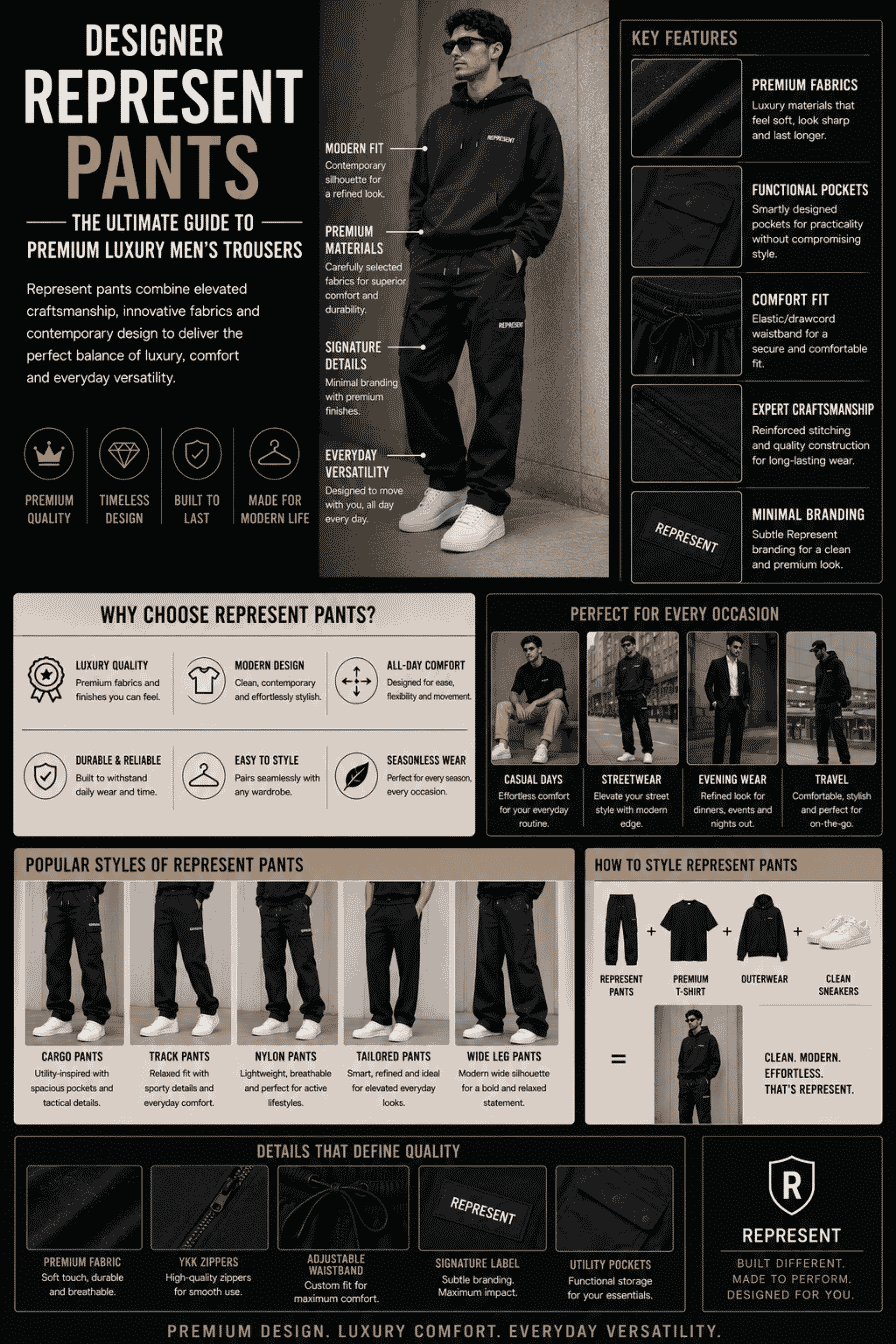 Edit Your infographic-style hero image has been created with a premium streetwear editorial look, featuring bold typography, product highlights, and a modern focus on Represent sweatpants. Would you like the background to be pure white instead of the current light gray for a cleaner blog header? Edit Your infographic has been updated with a polished editorial layout, bold typography, premium feature callouts, and a clean luxury streetwear aesthetic centered on Represent sweatpants. Would you like the model to wear a white hoodie instead of the black T-shirt? Edit Your infographic is ready with a clean editorial layout, highlighting the key benefits of Represent sweatpants alongside premium product imagery and a modern streetwear presentation. Would you like the sweatpants shown in black or heather gray throughout the design? Edit Your relaxed-fit infographic has been created with a clean editorial layout that emphasizes comfort, everyday versatility, and premium design details. Would you like the sneakers to be all white instead of off-white for a sharper look? Edit Your infographic has been created with a clean editorial layout that highlights the premium look, comfort, styling, and key features of grey Represent sweatpants. Would you like the sweatpants to appear in a darker charcoal grey instead of the current light grey? Edit Your infographic is ready with a clean editorial layout that highlights the benefits, premium details, and versatile styling of grey Represent sweatpants. Would you like the logo on the sweatpants to be smaller for an even more minimalist look? Edit Your styling infographic has been created with a clean editorial layout that showcases a casual everyday outfit built around grey Represent sweatpants. Would you like the denim jacket to be a lighter wash or a darker wash? Edit Your editorial infographic has been created with a premium streetwear look, highlighting the utility features, craftsmanship, and styling versatility of Represent carpenter pants. Would you like the carpenter pants shown in black instead of the current neutral khaki tone? Edit Your infographic is ready with a clean editorial design that emphasizes the premium craftsmanship, utility features, and everyday versatility of Represent carpenter pants. Would you like the carpenter pants to have a slightly more washed vintage finish? Edit Your style guide infographic has been created with a clean editorial layout that showcases black Represent carpenter pants and easy outfit pairings for everyday streetwear. Would you like the leather trainers to be all black instead of black and white? Edit Your infographic has been created with a premium editorial layout that highlights the lightweight design, utility features, and modern streetwear styling of Represent parachute pants. Would you like the parachute pants to have a matte fabric finish instead of the current slightly technical look? Edit Your premium editorial infographic has been created with a clean, modern layout that showcases the key features, styling options, and craftsmanship of Represent parachute pants. Would you like the model wearing a white T-shirt instead of the black one? Edit Edit Your infographic has been created with a clean, structured layout that clearly shows the pillar page, related cluster pages, and recommended internal linking flow for SEO. Would you like the connector lines between the pillar page and cluster pages to be thicker for stronger visual emphasis? Edit Edit Edit Edit Edit Edit Edit Edit Edit Alt Text: Fashion infographic showcasing black Represent utility pants with premium utility pockets, relaxed fit, durable construction, and styling ideas for casual outfits, streetwear, evening wear, and everyday use. Title: Different Styles of Represent Utility Pants | Black Utility Pants Styling Guide Caption: Style black Represent utility pants with ease for casual outfits, streetwear, evening looks, and everyday wear using versatile wardrobe essentials. Description: This infographic highlights black Represent utility pants as the most versatile option in the collection, featuring premium durable fabrics, functional utility pockets, a relaxed contemporary fit, reinforced stitching, and minimalist branding. It demonstrates how black utility trousers pair effortlessly with casual outfits, modern streetwear, evening wear, and everyday looks. Combining workwear-inspired functionality with luxury streetwear aesthetics, Represent black utility pants deliver exceptional comfort, durability, and timeless style for every season. This i Designer Represent Pants: The Ultimate Guide to Premium Luxury Men's Trousers genrate a image Edit Alt Text: Editorial infographic featuring premium Represent designer pants on a male model, highlighting luxury fabrics, modern tailoring, functional pockets, minimalist branding, and versatile styling options. Title: Designer Represent Pants: The Ultimate Guide to Premium Luxury Men's Trousers Caption: Explore the luxury craftsmanship, premium materials, and contemporary styling of Designer Represent pants for modern men's fashion. Description: This infographic provides the ultimate guide to Designer Represent pants, showcasing premium luxury men's trousers crafted with high-quality fabrics, contemporary tailoring, functional details, and minimalist branding. It highlights modern fits, durable construction, all-day comfort, and versatile styling options for casual wear, streetwear, travel, and evening outfits. Combining refined craftsmanship with everyday practicality, Designer Represent pants deliver timeless style, exceptional comfort, and long-lasting performance, making them an essential addition to any luxury streetwear wardrobe. now write Alt Text Title Caption Description Alt Text: Editorial infographic showcasing Designer Represent pants on a male model, featuring premium fabrics