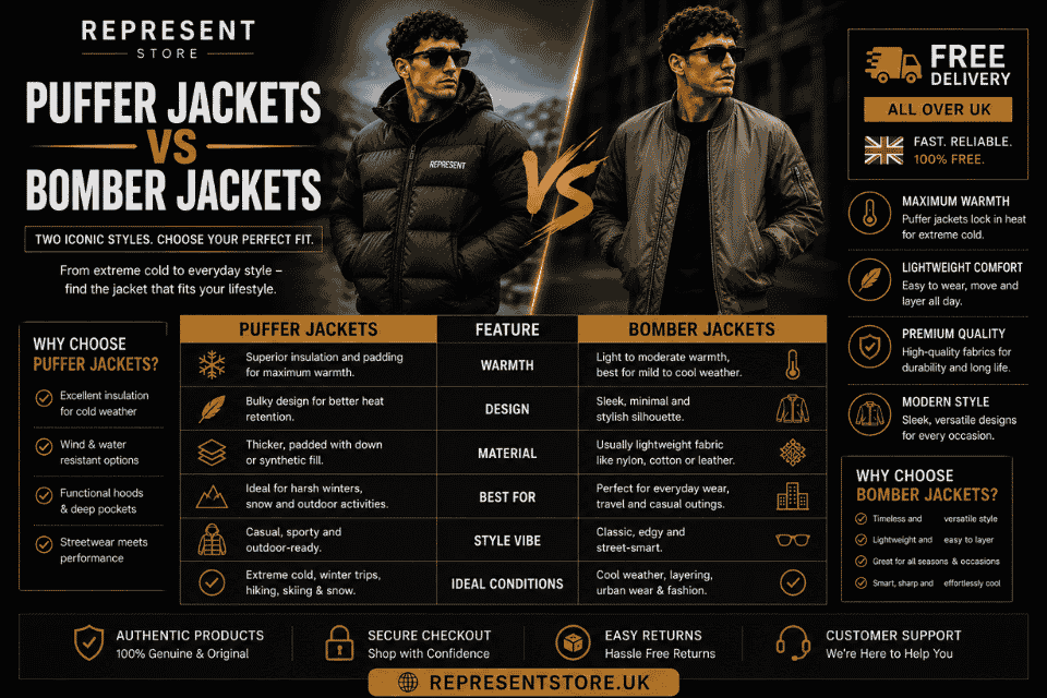 Comparison of puffer jackets and bomber jackets highlighting warmth, design, material, comfort, style, and best uses with free UK delivery.