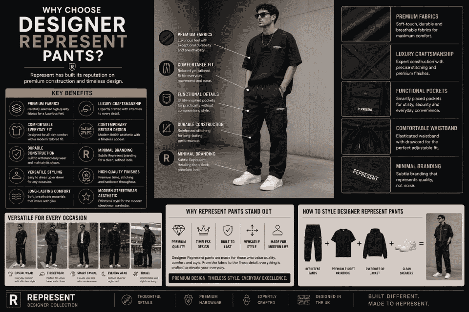 Infographic highlighting the benefits of Designer Represent pants, featuring a model wearing premium luxury trousers