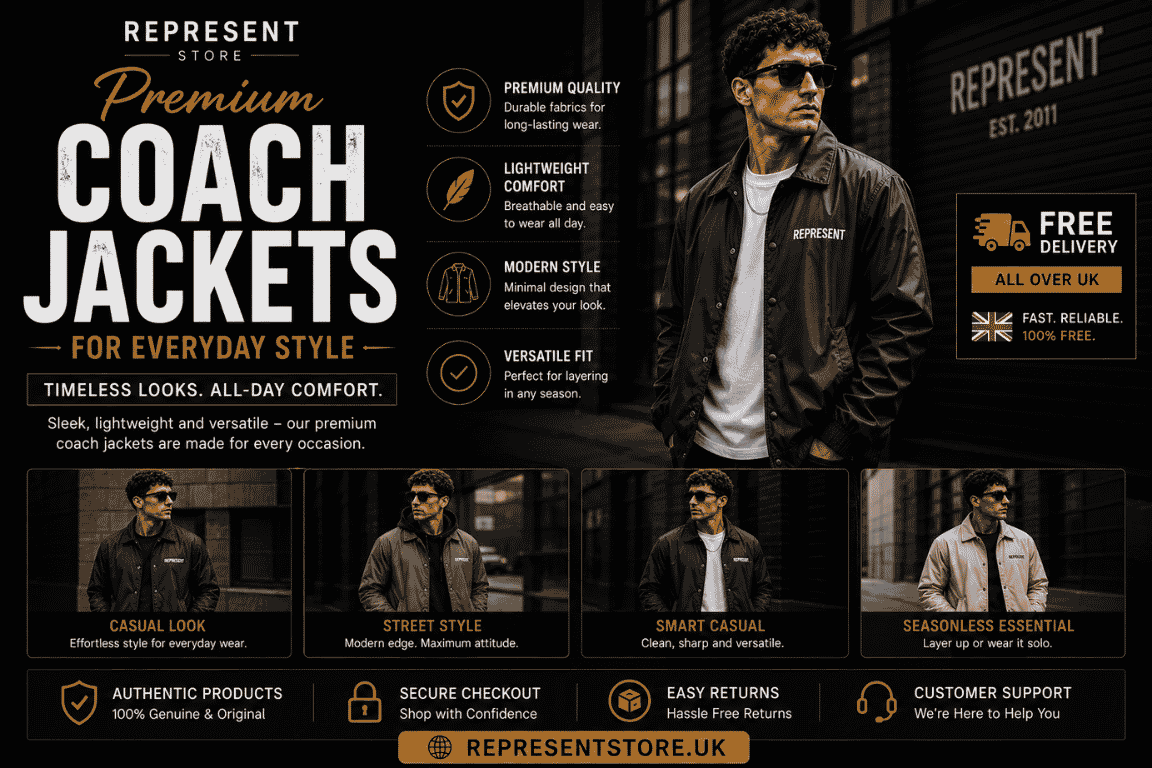 Premium men's coach jackets designed for everyday style, lightweight comfort, and modern streetwear with free delivery across the UK.