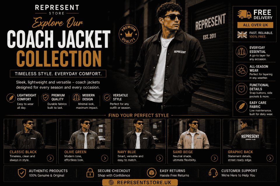 Explore our premium men's coach jacket collection featuring classic black, olive green, navy blue, sand beige, and graphic back coach jackets with free UK delivery.